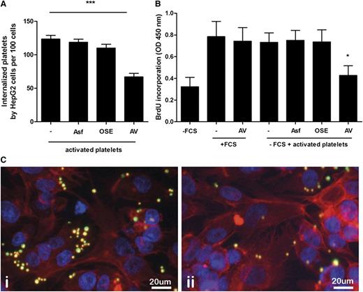 Figure 3. Annexin A5 inhibits platelet uptake and platelet-mediated hepatocyte proliferation. (A) Activated platelets were added to HepG2 cells in presence of Annexin A5 (AV), OSE, or asialofetuin (Asf). Internalized platelets were quantified based on fluorescence microscopy. Platelets were manually counted in at least 5 high-power fields and expressed as number of platelets/100 cells. ***P < .001. Data represent the mean of 3 independent triplicate experiments. Error bars indicate SD. (B) Activated platelets were added to HepG2 cells in the presence or absence of various inhibitors and incubated under serum-free conditions. After 48 hours, the cell proliferation rate was estimated by quantifying BrdU incorporation. Control groups represent HepG2 cells cultured in the presence or absence of FCS. In addition, the effect of Annexin A5 on BrdU incorporation in the absence of platelets, but in the presence of FCS, is shown. *P < .05 compared with −FCS. Data represent the mean of 3 independent triplicate experiments. Error bars indicate SD. (C) Representative fluorescence microscopy image from activated platelets incubated with HepG2 cells in the absence (i) or presence (ii) of Annexin A5 for 2 hours. HepG2 cells were stained for actin (red). Platelets were labeled with CMFDA (green). Original magnification ×200. Scale bar, 20 µm.