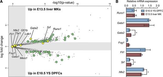 Figure 4. Comparative analysis of transcription factor expression between E10.5 YS DPFCs and conventional progenitor cell-derived E13.5 liver MKs. (A) Volcano plot comparing gene expression between E10.5 YS DPFCs and E13.5 liver MKs. Gray area indicates no significant expression difference. TFs are shown in green, and TFs of known functional importance in fetal or adult MKs are shown in yellow. (B) qRT-PCR validation of a cohort of functionally important MK TFs in YS and fetal liver MK samples. Data points are relative to Hmbs-1 expression and are expressed as mean ± SEM (n = 3). *P < .05.