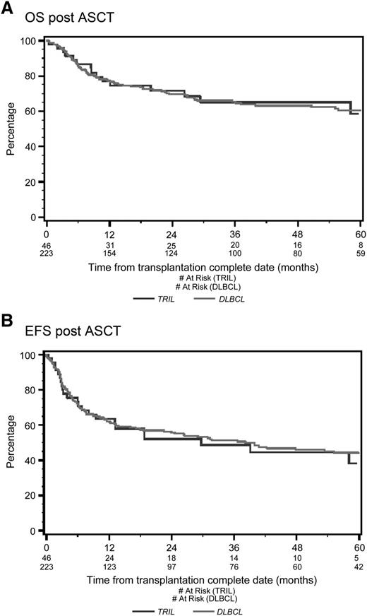 Figure 2. Overall survival and event-free survival from date of ASCT. (A) OS from date of ASCT. With a median follow-up of 53 months, the 4-year OS post-ASCT was 65% for the TRIL cohort (blue line) and 63% for the DLBCL cohort (red line) (P = .61). (B) EFS from date of ASCT. With a median follow-up of 53 months, the 4-year EFS was 45% for the TRIL cohort (blue line) and 46% for the DLBCL cohort (red line) (P = .97).