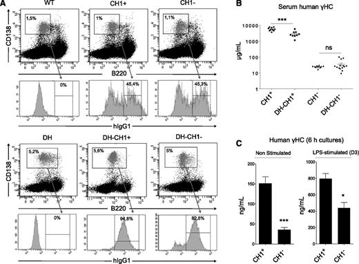 Figure 2. Characterization of the murine model of HCDD. (A) Splenocytes from 6-month-old WT, CH1+, or CH1− (top) and DH, DH-CH1+, or DH-CH1− (bottom) mice were stained with the indicated antibodies and analyzed by flow cytometry. Representative results from 3 independent experiments with ≥2 mice of each strain are shown. Numbers indicate percentages of plasma cells on biparametric graphs and human γHC-positive plasma cells on histograms. (B) Serum human γHC production from 8- to 12-week-old mice. Each dot represents an individual mouse. Results are expressed in log scale as mean ± SEM (µg/mL; n = 9-14 per group in ≥3 independent experiments; ns, not significant; ***P < .001). (C) Human γHC production in supernatants of 6-hour cultures of nonstimulated spleen cells (left) and 3-day LPS stimulated B cells (right). Plated cell counts were normalized on the number of secreting CD138+ cells. Means ± SEM (ng/mL) are shown (n = 4 per strain in 2 independent experiments; *P < .05; ***P < .001).