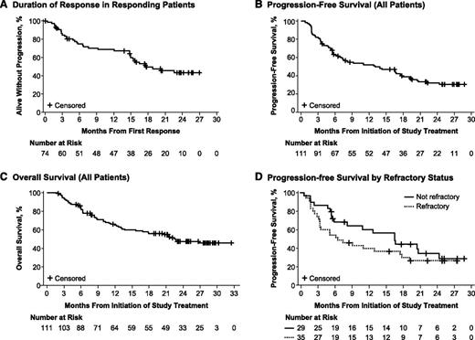 Figure 1. Kaplan-Meier analysis of time-to-event end points. (A) Duration of response in all responding patients. (B) Progression-free survival (all patients). (C) Overall survival (all patients). (D) Progression-free survival by refractory disease status.