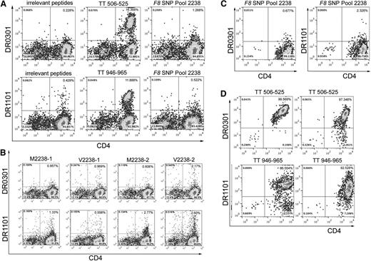 Figure 3. Representative tetramer-guided epitope mapping results. (A) Analysis of an initial possible tetramer-positive response to F8-SNP-Pool 2238 peptides. CD4 cells from severe HA subject GIS-005-019, whose F8 gene encodes the M2238 sequence, were stimulated with irrelevant peptides (FVIII-A2 peptide pool 6), tetanus peptides (TT506-525, a known HLA-DRB1*0301–restricted epitope or TT946-965, a known HLA-DRB1*11:01–restricted epitope), or with F8 ns-SNP peptide pool 2238 peptides for 2 weeks in culture and then stained with phycoerythrin (PE)-labeled HLA-DR0301 and DR1101 tetramers loaded with the same peptides used for stimulation. Cultures stimulated with tetanus peptide showed the expected strong T-cell staining by tetramers loaded with these known T-cell epitopes. Cultures stimulated with F8 SNP-Pool 2238 peptides showed low-level, possibly nonspecific, staining by DR0301 and DR1101 tetramers loaded with these peptides. (B) Decoding the pooled-peptide results using the individual peptides comprising F8 SNP-Pool 2238. CD4 cells were cultured for 2 more days following the initial tetramer staining experiment (A) and then stained using HLA-DR1101 and DR0301 tetramers loaded with the 4 individual peptides comprising the original peptide pool. Again, low-level tetramer staining was seen using tetramers loaded with several of these individual 2238 peptides. (C) Attempts to isolate T-cell clones recognizing sequences encoded by ns-SNPs in F8. Similarly, tetramer-positive T cells from the cultures stimulated with F8 SNP-Pool 2238 (shown in panel A) were single-cell sorted and expanded with PHA for 6 weeks in an attempt to isolate FVIII-specific T-cell clones. They were then incubated with fluorescent HLA-DR0301 and DR1101 tetramers loaded with the F8 SNP-Pool 2238 peptides. Representative results are shown for 2 of these expanded cultures. The PHA expansion did not produce any T-cell clones recognizing the pooled peptides, indicating the earlier “borderline” tetramer-positive staining was likely nonspecific. These negative staining results are in distinct contrast to our earlier studies, in which T-cell responses to “sequence-mismatched” FVIII products in mild HA subjects were identified initially by tetramer staining of CD4 T cells and then unambiguously verified by isolation of T-cell clones and lines with HLA-restricted responses to the mismatched FVIII sequence.7,8,40,41 (D) Isolation of tetanus-specific T-cell clones as positive controls. T cells showing positive staining using tetramers loaded with tetanus peptides (A) were single-cell sorted onto 96-well plates and expanded with PHA for 6 weeks to isolate tetanus-specific T-cell clones, as positive controls. Representative staining results are shown for 2 of 12 and 2 of 32 T-cell clones isolated from these cultures, stained with DR0301 and DR1101 tetramers loaded with tetanus peptides TT 506-525 and TT946-965, respectively.