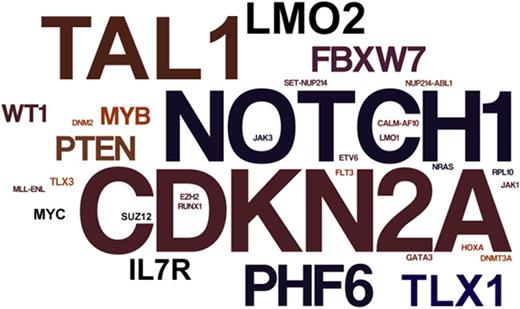 Figure 1. The landscape of genetic alterations in T-ALL. Schematic representation of the most common genes targeted by chromosomal translocations, deletions, and mutations in T-ALL. Font size is indicative of the relative prevalence of these alterations, with highly prevalent targeted genes shown in in larger font sizes and less frequently altered loci shown in smaller font size.