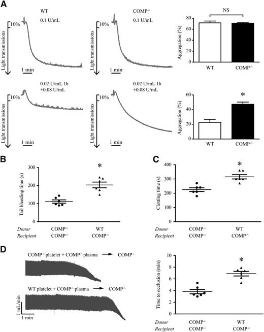 Figure 6. Platelet-derived COMP involvement in hemostasis and thrombosis. (A) Representative platelet aggregation tracings following different thrombin treatments: 0.1 U/mL (top) or 0.02 U/mL for 1 hour plus an additional 0.08 U/mL thrombin (bottom). Bar graph shows statistical results of aggregation maximal percentages from 4 independent results. *P < .05; NS, not significant. (B-D) Tail-bleeding time (B), blood clotting time (C), and carotid artery occlusion time (D) in COMP−/− mice with platelet transfusion. n = 6, *P < .05.
