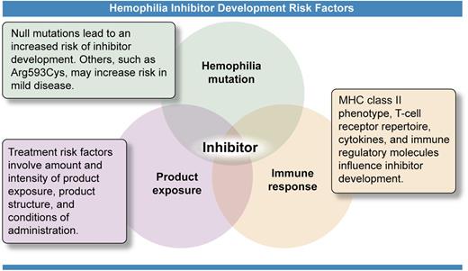 Risk factors for development of inhibitors (neutralizing antibodies) against treatment products used to stop or prevent bleeding in hemophilia patients include 3 major categories. The causative mutation in the gene for FVIII or FIX has been shown to be the most significant risk factor, as whether a gene product is produced or its structure determines how the immune system recognizes the infused protein. The treatment product itself, how much exposure has occurred, and conditions of that exposure provide the trigger for the immune response. Determinants within the immune system control the response through a multiplicity of genes producing a wide phenotypic variability. Interaction of these 3 components, illustrated by the overlapping circles of the Venn diagram, provides each person with hemophilia with a highly individualized risk of developing this complication of treatment at some point during his or her lifetime. Professional illustration by Ken Probst, Xavier Studio.