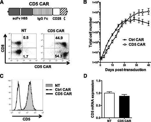 Figure 1. CD5 CAR T cells expand and downregulate CD5. (A) Schematic structure of CD5 CAR and transduction efficiency of primary activated T cells. (B) Expansion of activated T cells transduced with either Ctrl CAR or CD5 CAR. Data denote mean ± SD from 4 donors. (C) Surface expression of CD5 on NT T cells or T cells transduced with Ctrl CAR or CD5 CAR at 7 days post-activation. (D) Relative expression of CD5 messenger RNA in NT activated T cells or T cells transduced with CD5 CAR at 7 days post-stimulation. Ctrl CAR, control CAR; NT, nontransduced.