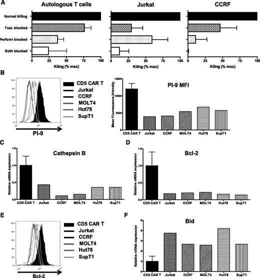 Figure 4. Multiple mechanisms contribute to resistance to fratricide. (A) Inhibition of cytotoxicity of CD5 CAR T cells against autologous T cells and Jurkat cells by blocking either FasL (brefeldin A + aFasL), perforin (CMA + EGTA), or both pathways. Cell death was measured by Annexin V after 2 hours of coculture. (B) Expression of PI-9 protein in CD5 CAR T cells and malignant T-cell lines was measured by intracellular staining and flow cytometry (left). Bar graphs show MFI of PI-9 (right). (C) Expression of cathepsin B transcript in CD5 CAR T cells and target cell lines was measured by quantitative polymerase chain reaction. (D) Levels of Bcl-2 transcript in CD5 CAR T cells and target cell lines. (E) Protein expression of Bcl-2 was measured by intracellular staining and flow cytometry. (F) Bid expression in CD5 CAR T cells and target cell lines was measured by quantitative polymerase chain reaction. Error bars denote SD for 3 different T cell donors. MFI, mean fluorescence intensity.