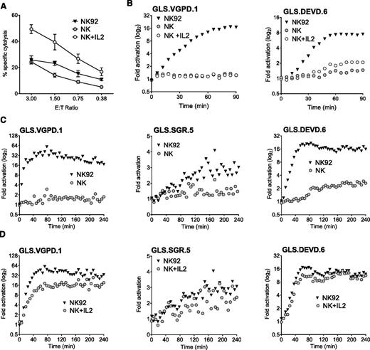 Figure 4. Primary human NK cells elicit limited biosensor activation without IL-2 stimulation. Primary and IL-2–activated human NK cells were assessed for biosensor activation with K562 biosensors at an E:T of 3:1. Human NK cells were negatively selected from healthy donor PBMCs by magnetic bead isolation and confirmed to be >60% CD3– CD56+ by flow cytometry. NK92 was used as a positive control. (A) NK and 24-hour IL-2–stimulated NK are cytotoxic against K562 targets. Error bars represent SD from quadruplicate wells. One representative experiment of 2 is shown. (B) NK and 24-hour IL-2–stimulated NK are unable to activate the GLS.VGPD sensor in K562 clonal lines at an E:T of 0.75:1 (left), although GLS.DEVD activation (right) was observed by 90 minutes after stimulation with IL-2. One representative experiment of 3 with and without IL-2 stimulation is shown. (C) To maximize the biosensor signal, isolated NK were conjugated at a higher E:T (3:1) and the read extended to 240 minutes. NK cells were unable to activate GLS.VGPD (left) and GLS.SGR (middle), although consistent late activation of GLS.DEVD (>90 min) was observed (right). (D) After 6 days’ culture in 1000 U/mL IL-2, NK expanded from PBMCs readily activated GLS.VGPD (left), GLS.SGR (middle), and GLS.DEVD (right) expressed in K562 clonal lines at 3:1. The fold activation for 1 representative experiment of 3 is shown.