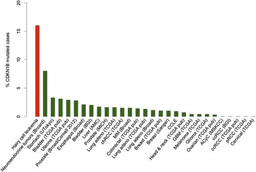 Frequency of CDKN1B mutations across different cancer entities. The highest frequency of CDKN1B mutation is observed in HCL. See Figure 1C in the article by Dietrich et al that begins on page 1005.