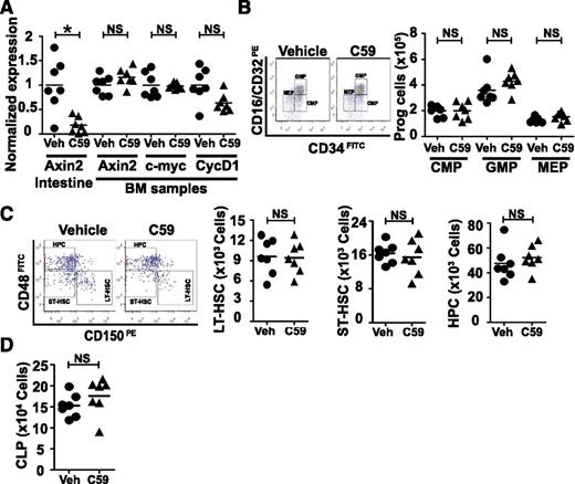 Figure 5. Inhibition of Wnt secretion by Porcn inhibitor in BM niche had limited effect on hematopoiesis. (A) Expression of Wnt target gene Axin2 was significantly downregulated in intestine samples of mice treated with 50 mg/kg for 20 days (2 independent experiments, P = .007, Mann-Whitney test). However, expression of Axin2, c-myc, and Cyclin D1 was not significantly altered in BM samples of these C59-treated mice. (n = 7; 2 independent experiments, P > .05, Mann-Whitney test). (B) The myeloid progenitor cells (1 leg) were not different in vehicle and C59-treated mice (n = 7; 3 independent experiments, P > .05, Mann-Whitney test). (C) C59 treatment did not alter the total LT-HSC, ST-HSC, and HPC numbers (1 leg). Representative flow cytometer data are shown in the left. The HSC numbers were graphed in the right. (n = 7; 3 independent experiments, P > .05, Mann-Whitney test). (D) The CLP cell numbers (1 leg) were not significantly different in vehicle and C59-treated mice (n = 7; 2 independent experiments, P > .05, Mann-Whitney test).