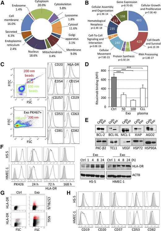 Figure 3. Proteomic characterization of CLL exosomes and transfer of proteins to target cells. (A and B) LC-MS/MS analysis of proteins extracts from CLL exosomes. (A) Subcellular localization of proteins identified in CLL exosomes (UniProt database). (B) Molecular functions associated with proteins identified in CLL exosomes (IPA). Portion radii were calculated according to the number of molecules associated with the functions. Cellular functions are indicated with their respective P values. (C) Phenotyping of individual CLL exosomes (MEC-1) was performed by flow cytometry. Exosomes were labeled with PKH67 and only green fluorescence-positive events were selected for analysis. The size of exosomes was confirmed using 100- and 200-nm beads. Exosomes were stained with indicated monoclonal antibodies (solid line) or with respective isotype controls (dotted line). (D) MEC-1 cells (105 in 100 µL) were treated with 2 µg/mL rituximab alone (Ctrl) or in combination with 50 or 100 µg/mL CLL exosomes (Exo) or with 30% (v/v) CLL plasma for 1 hour at 37°C. The binding of rituximab to CLL cells was followed by flow cytometry using an anti–rituximab-specific antibody. Data are presented as mean fluorescence intensities (MFIs; n = 3). ***P < .001. (E) Immunoblot analysis of proteins from CLL exosomes purified by Optiprep cushion. Lysate from CLL cells served as the control. (F) HMEC-1 and HS-5 cells were untreated (Ctrl, gray shade) or incubated with 50 µg/mL PKH26-labeled CLL exosomes (MEC-1; black line) for indicated periods of time, and the transfer of HLA-DR was followed by flow cytometry using specific antibody or isotype control (dotted line) (left). Results were confirmed using immunoblot (right). (G) C57BL/6 and NSG mouse BM cells were untreated (Ctrl) or incubated with CLL exosomes (MEC-1; 50 µg/mL) ex vivo for 24 hours. The transfer of human HLA-DR protein was followed using flow cytometry (representative of 3 animals). (H) HMEC-1 and HS-5 cells were untreated (gray shade) or incubated with 50 µg/mL CLL exosomes (MEC-1; black line) for 24 hours. Cells were analyzed by flow cytometry using specific antibodies or isotype controls (dotted line) to show the transfer of proteins from CLL exosomes to target cells (representative of n = 3).