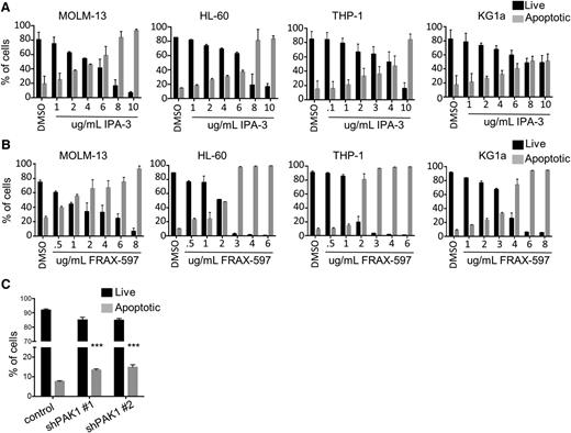 Figure 2. PAK1 inhibition induces apoptosis of AML cells. (A) MOLM-13, HL-60, THP-1, and KG1a cells were treated with increasing concentrations of IPA-3. Apoptosis was measured at 24 hours by flow cytometry using Annexin V and DAPI staining. Average of 2 independent experiments. (B) MOLM-13, HL-60, THP-1, and KG1a cells were treated with increasing concentrations of FRAX-597. Average of 2 independent experiments. (C) Human THP-1 AML cells were infected with lentiviruses targeting PAK1 for knockdown or a nontargeting control. Average of 2 independent experiments (***P < .001).