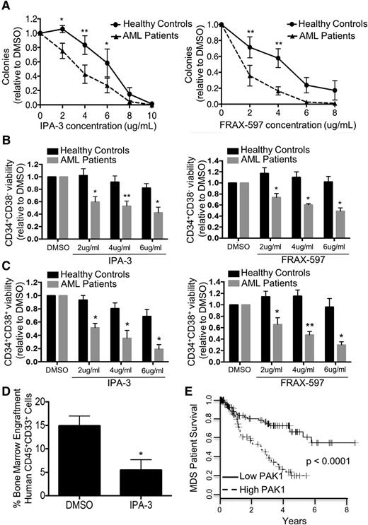 Figure 6. Targeting of PAK1 inhibits AML patient cells including immature, leukemia stem cell-enriched populations while sparing healthy stem and progenitor cells. (A) Colony formation assay of primary AML patient MNC samples or healthy control MNC samples treated with IPA-3 (healthy, n = 4; AML, n = 5) or FRAX-597 (healthy, n = 4; AML, n = 3). (B) Cell viability (DAPI−Annexin V−) of CD34+CD38− cells from AML patients and healthy controls after 24 hours in vitro culture with IPA-3 or FRAX-597 (n = 3 for each drug). (C) Cell viability (DAPI−Annexin V−) of CD34+CD38+ cells from AML patients and healthy controls after 24 hours in vitro culture with IPA-3 or FRAX-597 (n = 3 for each drug). (D) Percentage bone marrow engraftment of human CD45+CD33+ cells 6 weeks following xenografting with primary AML patient samples treated with IPA-3. Experiment performed in duplicate with 2 independent primary AML patient samples. (E) Kaplan-Meier curve of overall survival of patients with high vs low PAK1 expression in CD34+ bone marrow cells isolated from MDS patients. Patients with high PAK1 expression are those with PAK1 expression levels higher than the median expression level of PAK1 in the dataset. The P value (log-rank test) is indicated. *P < .05 and **P < .01 for all experiments.