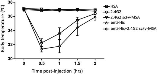 Figure 4. Changes in body temperature induced by antibody 2.4G2 and 2.4G2 scFv-MSA. Mice were treated with 0.43 nmol (65 µg) 2.4G2 or equimolar amounts of 2.4G2 scFv-MSA or HSA. Cross-linked 2.4G2 scFv-MSA was prepared by mixing 0.43 nmol 2.4G2 scFv-MSA and half-molar (0.22 nmol) anti-His mAb for 30 minutes at room temperature. Body (rectal) temperature was measured 0.5, 1, 1.5, and 2 hours after treatment by a thermometer. n = 6–9, from 3 independent experiments.