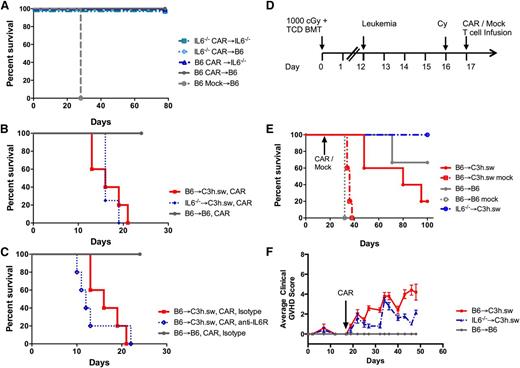 Figure 7. GVHD can be reversed using an IL-6−/− donor in a delayed DLI model. (A) Survival curve of WT B6 or IL-6−/− leukemia-bearing mice treated with syngeneic CAR (B6 or IL-6−/−) following nonlethal radiation on day −1, without a BMT. (B) Survival curve of leukemia-bearing CAR T recipients with either B6 → C3h.sw setup (red) or using IL-6−/− mice as marrow and T cell donors (blue), with syngeneic B6 → B6 controls (gray). (C) Survival curve for leukemia-bearing CAR T recipients of syngeneic (gray), allogeneic B6 → C3h.sw treated with anti–IL-6 receptor antibody (blue), or isotype control IgG (red). (D) Delayed CAR-DLI model: at 12 days post-TCD–BMT mice were challenged with leukemia (106 cells/mouse), followed by cyclophosphamide 4 mg/mouse on day 16 and 106 CAR/mock T cells on day 17. WT B6 or IL-6−/− were used as marrow donors and all T cells were B6-CD45.1 derived, as indicated in graphs. (E) Survival curve with this delayed CAR model (P = .012; B6 vs IL-6−/− → C3h.sw CAR). (F) Clinical GVHD score in delayed CAR model. All in vivo experiments conducted with 5 mice per group and plots shown are representative of at least 2 separate experiments.