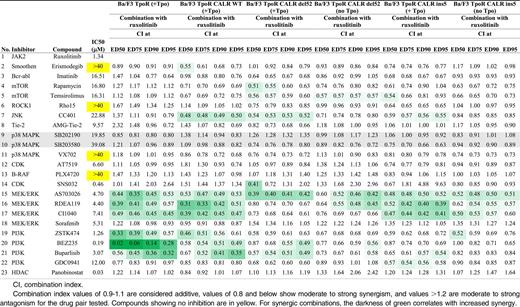 Combination study using JAK2/JAK1 inhibitor ruxolitinib with a series of serine threonine kinase inhibitors in Ba/F3 cells expressing TpoR and the indicated CALR mutants