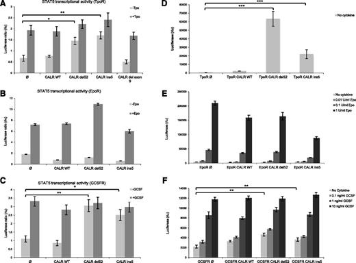 Figure 1. CALR mutants specifically activate TpoR, leading to cell transformation. γ2A cells were transfected with JAK2, STAT5, and CALR wild-type (wt) or the indicated mutants in the presence of TpoR (A), EpoR (B), and GCSFR (C). Luciferase assay was performed using the firefly reporter, Spi-Luc/STAT5 (STAT5-luc) and pRL-TK renilla luciferase for normalization. Ba/F3 cells stably transduced with CALR constructs together with TpoR (D), EpoR (E), or GCSFR (F) were cultured for 3 days, in the absence of cytokines. Positive controls of Epo and GCSF treatment are shown for Ba/F3 EpoR and GCSFR cells, respectively. Relative viability was measured using CellTiter-Glo technology. Statistical analysis (jmp pro11) was performed by the nonparametric multiple comparisons Steel test with a control group; *P < .05, **P < .01, ***P < .001.