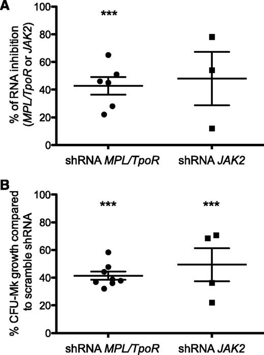 Figure 7. TpoR and JAK2 are required in CALR mutant–induced spontaneous growth of megakaryocytic progenitors in patients. CD34+ cells from patients carrying CALRdel52 or CALRins5 mutations were purified. (A) The percentages of inhibition of MPL/TpoR and JAK2 mRNA expression level by quantitative real-time polymerase chain reaction in CD34+ progenitors transduced with lentivirus expressing either sort hairpin RNAs (shRNA) targeting MPL/TpoR or JAK2, sorted on GFP, and cultured for 2 additional days. (B) The percentages of Tpo-dependent or -independent growth of megakaryocyte colonies derived from CFU-Mk (colony-forming unit megakaryocyte) in the presence of shRNA directed against MPL/TpoR or JAK2 compared with scramble sequence. Results are means ± SEM. Student t test: ***P < .0001.