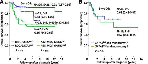 Figure 4. OS according to MDS subtypes and GATA2 mutational status. (A) OS in 426 children and adolescents consecutively diagnosed with primary MDS according to MDS subtypes and GATA2 mutational status. (B) Overall survival in 100 children and adolescents with monosomy 7 according to GATA2 mutational status. Adv. MDS, advanced MDS subtypes; n.s., not significant; N, patients under risk; E, events; GATA2mut, mutation carriers; GATA2WT, patients with wild-type status.