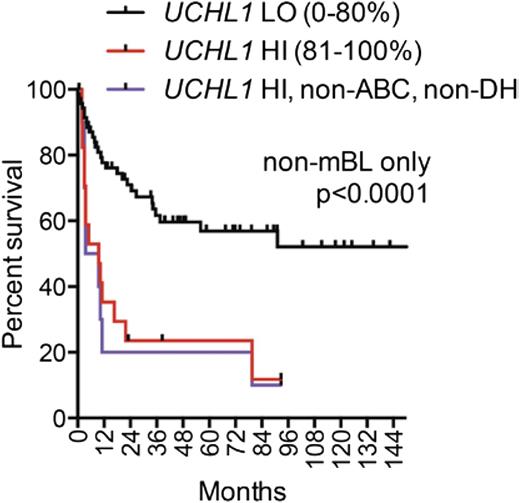 Figure 4. High levels of UCHL1 mark patients with non-mBL at high risk for relapse. Overall survival is plotted using the Kaplan-Meier method for 92 patients with non-mBL stratified based on the level of UCHL1 mRNA as shown. Those with ABC gene expression profile and double hit (DH) lymphoma (as defined by reported fluorescence in situ hybridization studies for MYC, BCL2, and BCL6) were excluded as shown. Data were extracted from GSE447514 and analyzed using the R2: Genomics Analysis and Visualization Platform (http://r2.amc.nl). P value was determined using the Mantel-Cox log-rank test.