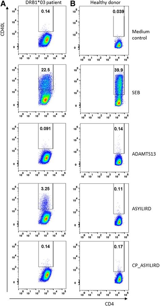 Figure 2. CD4+ T-cell response in an HLA-DRB1*03–positive patient with acquired TTP. (A) Analysis of PBMCs from an HLA-DRB1*03–positive patient in the acute phase of the disease. Incubations of PBMCs with AIM-V (medium control), SEB (positive control), ADAMTS13 (10 µg/mL), ASYILIRD peptide (10 µg/mL), CP_ASYILIRD peptide (10 µg/mL) with modified anchor residues (negative control). CD40L is plotted on the y-axis whereas CD4 is plotted on the x-axis. The percentage of CD4+ T cells expressing CD40L is depicted in the upper right quadrant. (B) Analysis of PBMCs obtained from an HLA-DRB1*03–positive healthy volunteer. PBMCs were incubated as described for the sample depicted in the panel A column. PBMCs of this HLA-DRB1*03–positive healthy volunteer only respond to SEB stimulation and not to stimulation with ADAMTS13, ASYILIRD, or CP_ASYILIRD peptides. We acquired at least 0.5 × 106 events for each sample analyzed.