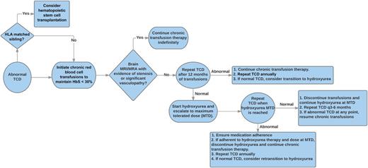 This proposed algorithm provides guidance for the management of children with abnormal TCD velocities, including decision points regarding the initiation or discontinuation of chronic blood transfusions and hydroxyurea therapy. HbS, sickle hemoglobin; MRA, magnetic resonance angiography; MRI, magnetic resonance imaging.