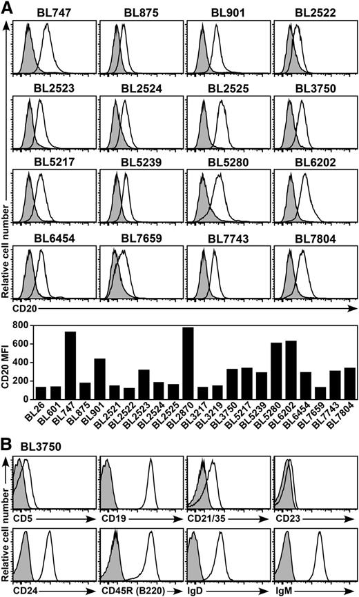Figure 1. CD20 expression by spontaneous mouse primary B-cell lymphomas. (A) Representative CD20 expression by primary B-cell lymphomas isolated from Eµ-cMyc transgenic mice. Cell surface CD20 (open histograms) and isotype-matched control (shaded histograms) immunofluorescence staining were quantified by flow cytometry after brief periods of culture for 24 to 48 hours. The bar graph shows CD20 MFIs with isotype-matched control values subtracted. (B) Representative cell surface phenotype of the BL3750 lymphoma. Histograms show cell surface molecule staining (open histograms) vs isotype-matched control mAb staining (shaded histograms).