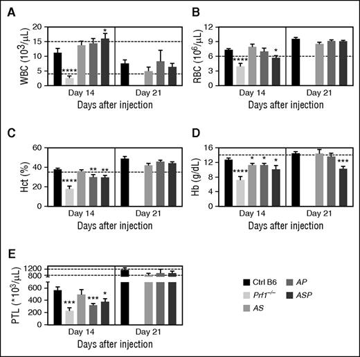 Figure 2. Poly heterozygous mice for HLH-causing genes display biological features of HLH upon LCMV infection. Control (black bars), Prf1−/− (lightest gray bars), Rab27a+/− Stx11+/− (AS, light gray bars), Rab27a+/− Prf1+/− (AP, medium gray bars), and Rab27a+/− Prf1+/− Stx11+/− mice (ASP, dark gray bars) were infected with 200 PFU of LCMV-WE. (A) WBC counts, (B) RBC counts, (C) hematocrit, (D) Hb, and (E) platelets counts were monitored 14 and 21 days postinfection. Data (mean ± SEM) are representative of 3 to 4 independent experiments with at least 3 mice in each group. Dashed lines represent normal values for mice. *P < .05; **P < .01; ***P < .001; ****P < .0001. Hct, hematocrit; PTL, platelets.