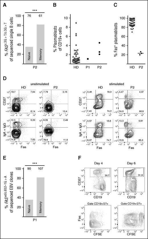 Figure 2. Accumulation of Fas-deficient cells among switched memory B cells. (A) Proportion of Fas-deficient B cells (FASc.3G>T/c.3G>T) among ex vivo FACS-sorted naïve or switched memory single B cells of P2, by single-cell PCR and sequencing of the specific FAS mutation. The numbers above the bars indicate number of sequenced single B cells. (B) Percent of plasmablasts in the CD19+ gate in blood of HD (n = 45), P1, and P2—3 independent measurements. (C) Percent of plasmablasts expressing Fas, measured in blood of a HD (n = 44) and P2 (3 independent measurements). Mean value indicated as a line. (D) Surface Fas expression on B cells of P2 and HD before and after 24-hour stimulation with CD40L, representative of 3 independent experiments. (E) Proportion of Fas-deficient (FASwt/c.652G>A), EBV-immortalized, single B-cell clones derived from FACS-sorted naïve or switched memory B cells of P1. The numbers above the bars indicate number of sequenced clones. (F) Fas-deficient and Fas-competent B cells show a similar proliferation profile. Proliferation by CFSE dilution of magnetically isolated B cells from P2 in response to stimulation with CD40L+IL-21 for 4 and 6 days. ***P < .001 (Fisher’s exact test).
