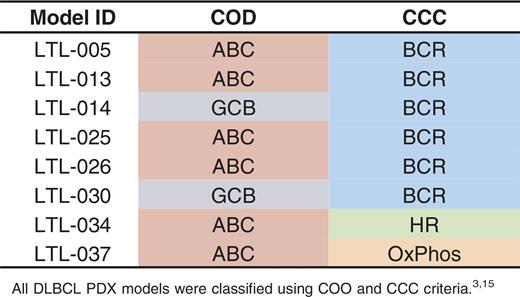 Transcriptional subtypes of the DLBCL PDX models