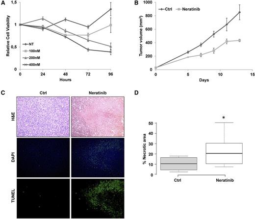Figure 7. ERBB4 inhibition partially controls ALCL cell growth and disease progression of ERBB4-positive PDTs. (A) PDT explanted cells were treated with control diluent (DMSO) or neratinib at the indicated concentrations. Cell viability was measured over time by adenosine triphosphate–based luminescence assay. Results were normalized to DMSO controls at time 0 and represent the mean and standard error of 3 biological replicates. (B) In vivo tumor growth of PDT cells (5 × 104) subcutaneously injected into the flanks of 6 NSG mice. Mice with tumor masses of 0.5 cm diameter were treated with neratinib (40 mg/kg every 48 hours) or control diluent (Ctrl). Each data point represents the average tumor volume (mean ± standard error) for the indicated treatment condition (P = .0006). (C) Representative histologic sections stained with hematoxylin and eosin (H&E; top) of tumor masses derived from control or neratinib-treated animals. Tissue sections were stained for DNA breaks with the terminal deoxynucleotidyl transferase deoxyuridine triphosphate nick-end labeling method (bottom) and DAPI counterstained (middle). Original magnification ×20. (D) Box plot showing quantification of necrotic areas in 7 controls and in 9 neratinib-treated tumor masses (*P = .038). NT, no treatment.