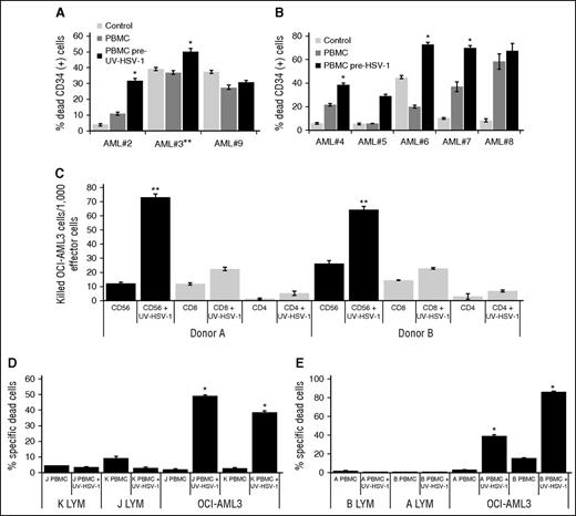 Figure 2. HSV-1 or UV-HSV-1 stimulates NK-dependent cytolysis of primary AML cells or cell lines but not of allogeneic healthy lymphocytes. (A) PBMCs exposed, or not, to UV-HSV-1 (0.1 pfu/PBMC for 16 hours) were added to primary AML cells (30:1 effector:target) cultured on MSC feeder layers (except 3, which was cultured alone). Cocultures were incubated for 48 hours, and % dead CD34+ cells were determined by flow cytometry as described in “Materials and methods.” (B) PBMCs exposed, or not, to live HSV-1 were added to primary AML cells, and % dead CD34+ cells were determined after 48 hours as above. *P < .005 from PBMCs alone. (C) CD56-, CD4-, and CD8-positive cells were purified from 2 healthy donors by EasySep methodology as described in “Materials and methods.” Isolated cells were then exposed, or not, to UV-HSV-1 (0.1 pfu/PBMC) for 16 hours and tested for their cytolytic activity against OCI-AML3 cells, and the results are expressed as killed OCI-AML3 cells per 1000 effector lymphocytes. **P < .001 from CD4 or CD8, UV-HSV-1–exposed lymphocytes. (D-E) Healthy PBMCs were exposed, or not, to UV-HSV-1 as above, and their cytolytic activity (30:1 effector to target ratio) against OCI-AML3 or healthy allogeneic lymphocytes (from the other donor tested in each graph) was determined as described in “Materials and methods.” *P < .0001 from unexposed PBMCs.