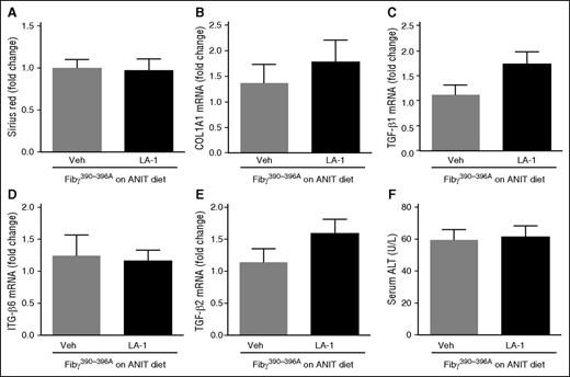 Figure 7. LA-1 fails to reduce fibrosis in livers of ANIT-exposed Fibγ390-396A mice. Fibγ390-396A mice were fed a diet containing 0.025% ANIT for 6 weeks. Mice were treated with vehicle (1.5 μL DMSO in 100 μL sterile PBS) or LA-1 twice daily (0.4 mg/kg per day, IP) in weeks 5 and 6. (A) Sirius red staining was quantified as described in “Methods.” Hepatic expression of mRNAs encoding the profibrogenic genes: (B) COL1A1, (C) TGFβ1, (D) ITGβ6, and (E) TGFβ2 were determined by real-time qPCR. (F) Serum ALT activity was determined as described in “Methods.” Data are expressed as mean + SEM; n = 7 mice per group. Veh, vehicle.