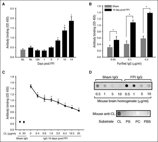 Figure 1. Antibrain and anti-CL antibodies were detected in FPI mice. (A) Immunoreactivity to MBH of 1/1000 diluted plasma from FPI mice at different postinjury times (n = 6/point; repeated measures ANOVA, *P < .01 vs baseline before FPI). (B) Binding of IgGs purified from sham or FPI mice to MBH (n = 6/dose; paired Student t test, *P < .01). (C) Anti-brain IgGs (0.5 μg/mL) from FPI mice were incubated with increasing concentrations of CL for 30 minutes, and then with MBH for 30 minutes at RT (n = 5-7/dose; repeated measures ANOVA, *P < .01 vs IgG at 0 CL). (D, top) CL blotted to nitrocellulose membrane was probed with IgGs (0.25 μg/mL) from sham and FPI mice (10 days post-FPI) in the presence of increasing amounts of MBH. (Bottom) Phosphatidylcholine (PC), PS, and CL blotted onto nitrocellulose membrane (18 μg/spot) were probed with the CL antibody purified from plasma collected 10-14 days after FPI from TBI mice.