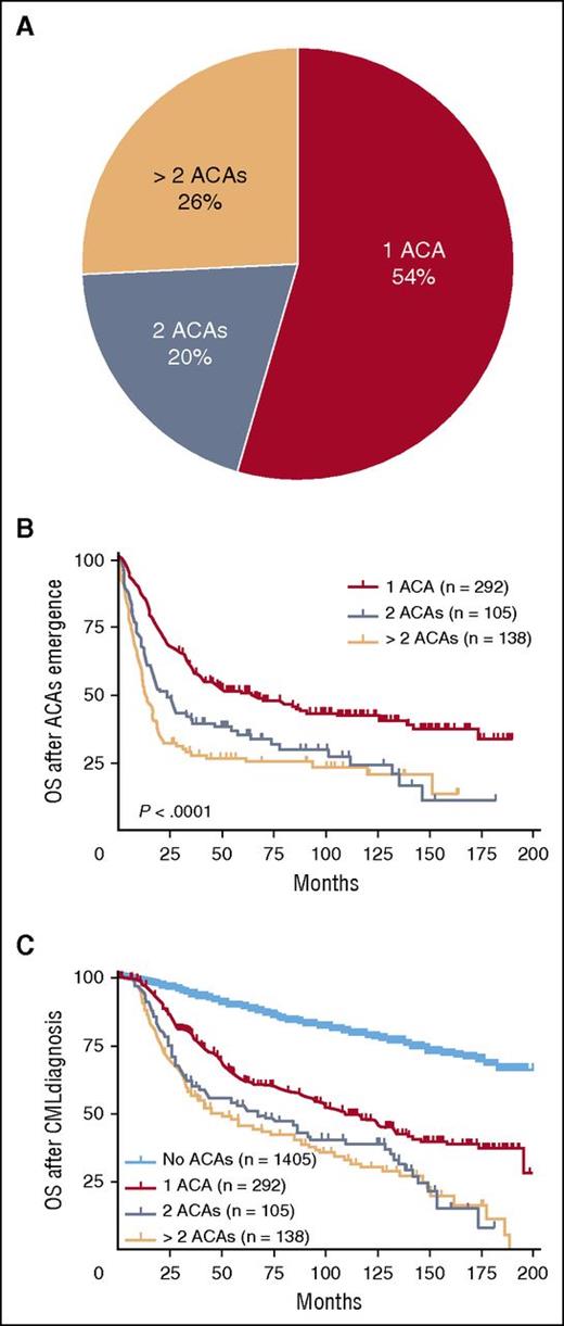 Figure 1. The distribution of ACAs in CML and their impact on survival. Cases with ACAs were stratified based on the numbers of ACAs at the time of initial ACA emergence (A). The impact of ACAs on survival was analyzed. Date of ACAs emergence was used as the starting time point in panel B (OS after ACAs emergence), and date of CML diagnosis was used as the starting time point in panel C (OS after CML diagnosis). Of note, survival analysis in this figure included all stages of disease (CP, AP, and BP).