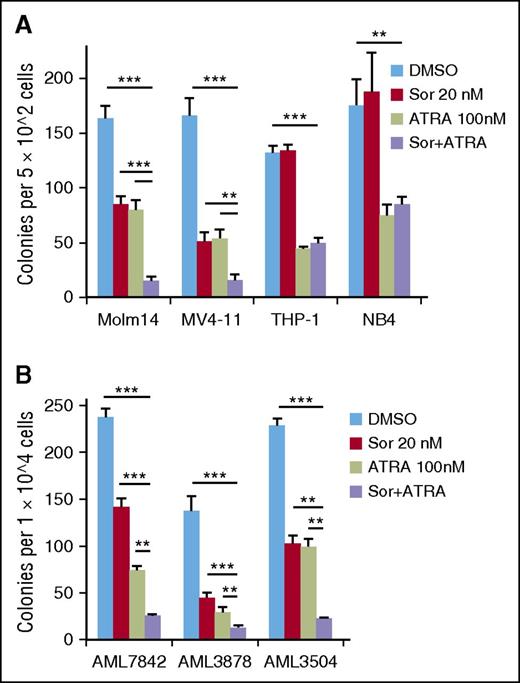 Figure 4. ATRA plus sorafenib reduces long-term proliferative potential of FLT3/ITD+ cells. (A) CFU counts after 7 to 10 days’ plating of 5 × 102 Molm14, MV4-11, THP-1, or NB4 cells treated in triplicate with sorafenib (Sor, 20 nM) and/or ATRA (100 nM) for 48 hours. (B) CFU counts after 7 days’ plating of 1 × 104 FLT3/ITD primary patient cells treated with sorafenib (20 nM) and/or ATRA (100 nM). Data indicate average colony number ± SD, and are representative of 3 independent experiments (**P < .01, ***P < .001).