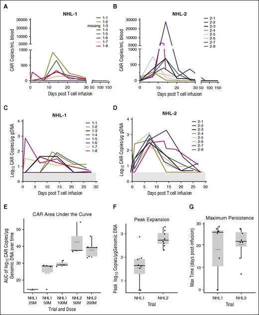 Figure 4. Comparison of CAR T–cell persistence between NHL1 and NHL2 T-cell therapy. gDNA was extracted from frozen aliquots of whole blood and tested for the WPRE copy number by TaqMan qPCR. Average copy numbers are presented if ≥2 of 3 replicates generated a cycle threshold (Ct) value. In the time points where only 1 of 3 was detectible, actual value (not average) was plotted. Starting on day 1, participants were measured for WPRE every 7 days (±3 days) during the first 28 days on study and then monthly thereafter. (A) WPRE copy numbers from 1 mL blood collected from day 1 up to day 158 after T-cell infusion in the NHL1 trial, except patient NHL1-3 (who only had PBMC sample), are plotted (whole blood, N = 7). After day 28, there was no detectable WPRE for any patient. (B) WPRE copy numbers from 1 mL blood collected from day 1 up to day 157 after T-cell infusion in the NHL2 trial are plotted (whole blood, N = 8). After day 27, there was no detectable WPRE for any patient. (C) WPRE copy numbers from blood collected from day 1 through day 28 after T-cell infusion in the NHL1 trial are plotted as a function of log10 copies/µg of gDNA (whole blood, N = 7; PBMCs, N = 1; UPN043). Gray area at bottom of graph is below the lower limit of quantification for the assay. (D) WPRE copy numbers from blood collected from day 1 through day 28 after T-cell infusion in the NHL2 trial are plotted as a function of log10 copies/µg of gDNA (whole blood, N = 8). Gray area at bottom of graph is below the lower limit of quantification for the assay. (E) The figure provides box and whisker plots of CAR copy number over time (AUC) by trial and dose level, with the individual patient AUCs shown in black. Box and whisker plots graphically present the median (heavy gray line), the mean (dashed line), low and upper quartiles (ends of the box), and minimum and maximum values. Outlier values are in red. The AUCs were calculated on the log10 WPRE values from day 1 through day 25 after T-cell infusion (see D-E). If a 25-day WPRE was not available, one was interpolated. Measurements that were considered below the limit of quantification were set to 4 copies/μg of gDNA. WPRE data were available from 8 participants (whole blood, N = 7; PBMCs, N = 1) from NHL1 and all 8 participants from NHL2 (whole blood, N = 8). Each participant had 5 to 8 measurements. The mean AUC for NHL2 was 40.2 copies × days/μg and the mean AUC for NHL1 was 25.4 copies × days/μg, giving a mean difference of 14.8 (95% CI: 7.4-22.3), with a P value for the Welch 2-sample 2-tail Student t test of <.001. (F) Mean peak expansion is the peak WPRE value measured in log10 CAR copies/µg of gDNA. Mean peak expansion for NHL1 was 1.6 copies/μg and for NHL2 was 2.79 copies/μg, giving a mean difference of 1.19 (95% CI: 0.54-1.83), yielding a P value of .002 using a t test. (G) Maximum persistence is the day associated with the last value above the lower limit of detection followed by 2 measurement that were below the limit of detection. Mean maximum persistence for NHL1 was 18.25 days and for NHL2 was 20.5 days, giving a mean difference of 2.25 (95% CI: −8.56 to 13.1), yielding a P value of >.5 using a t test.