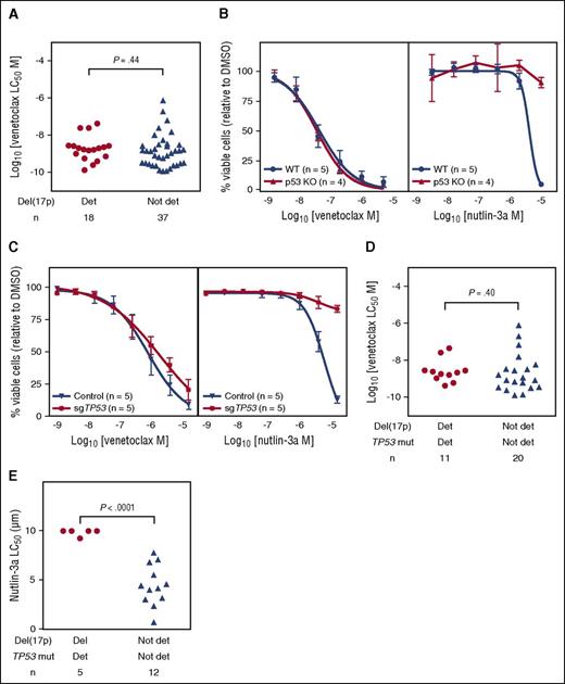 Figure 5. Venetoclax kills CLL cells, murine lymph node B cells, and RS4;11 human lymphoblast cell lines irrespective of TP53 deletion, mutation, or function. (A) For patient CLL samples, the 24-hour in vitro sensitivity to venetoclax did not differ based on del(17p) status (Student t test P = .44). Deletion 17p was detected by fluorescence in situ hybridization in 18 of 55 samples; the median percentage of del(17p) cells was 44.5% (range 7.5% to 95%) in those samples. (B) For murine lymph node B cells, the concentration-response curves for venetoclax are plotted for isogenic Trp53 wild-type (blue; WT) and Trp53−/− (red; p53KO) mice in the left panel, and for nutlin-3a in the right panel. All cells were incubated for 24 hours. n = 3 independent experiments. p53KO, p53 knockout. (C) For RS4;11 human B-cell lymphoblast cell lines, the concentration-response curves for venetoclax (left panel; 24 hour incubation) are plotted for TP53 wild-type cell lines (blue; Control) bearing a nontargeting sGuide and TP53-deficient cells (red; sgTP53) bearing a TP53targeting sGuide (see “Methods”). Loss of TP53 expression was confirmed by western blot (supplemental Figure 4). The concentration-response curves for nutlin-3a after a 3-day incubation are shown in the right panel. n = 5 independent experiments of pools of cells. (D) For patient CLL samples, the 24-hour in vitro sensitivity to venetoclax of CLL for 31 patients did not differ between samples with both del(17p) and TP53 mutation (n = 11) compared with those with neither del(17p) nor TP53 mutation (n = 20; unpaired Student t test P = .40). Del(17p) was present in a median 52.5% (range 24% to 82%) of CLL cells in the double detected group. Det, detected; mut, mutated. (E) The 72-hour in vitro sensitivity of CLL to nutlin-3a for 17 patients differed between those with both del(17p) and TP53 mutation (n = 5) and those with neither del(17p) nor TP53 mutation (n = 12; unpaired Student t test P < .0001). Del(17p) was present in a median 52.5% (range 26.5% to 58%) of CLL cells in the double detected group.