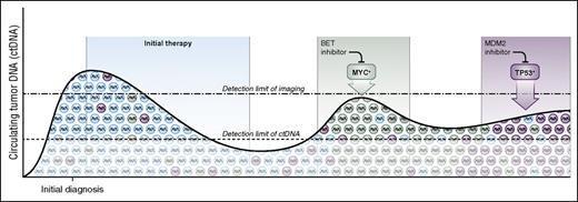 Figure 1. Serial monitoring with circulating tumor DNA to guide precision medicine. Lymphomas are composed of multiple tumor clones and subclones that serially evolve over time, especially under the selective pressure of therapy. Liquid biopsies of ctDNA detect molecular features of resistant disease at the molecular level and can noninvasively genotype ctDNA throughout the disease course. Serial monitoring of ctDNA may be a powerful tool to address temporal heterogeneity of tumors, to detect clonal evolution, and to study mechanisms of treatment resistance. The timing and nature the dominant relapsing clone may guide precision treatment at relapse. As examples, patients who relapse with a myc rearrangement (green) might be offered targeted therapy with a BET inhibitor, whereas patients who relapse with a TP53 mutation (magenta) could be offered an MDM2 inhibitor.