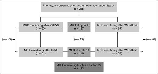 Figure 1. PETHEMA/GEM2010MAS65 MRD study consort diagram. A total of 225 patients were immunophenotyped at diagnosis, and 6 patients (3%) were excluded from further MRD monitoring due to the lack of aberrant phenotypes. A total of 127 patients had MRD assessed at cycle 9 after consecutive cycles of VMP (n = 60) or alternating VMP/Rd (n = 67). A total of 118 patients had MRD assessed at cycle 18 after sequential VMP followed by Rd (n = 61) or alternating VMP/Rd (n = 57), 83 of them with MRD data on cycles 9 and 18. Thus, 162 patients enrolled in the PETHEMA/GEM2010MAS65 had at least 1 MRD study.