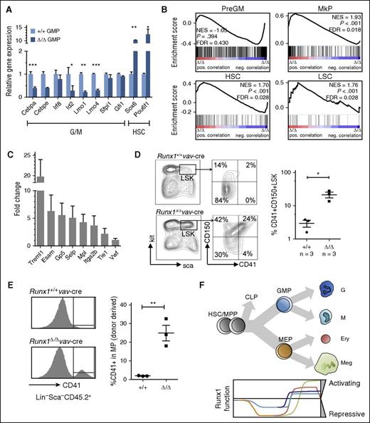 Figure 4. Runx1 is necessary to downregulate key HSC and Meg genes during transition to GMP differentiation state. (A) Relative expression levels of TF genes in Runx1Δ/Δ versus Runx1+/+ GMPs. Expression levels (RPKM) in Runx1+/+ GMPs were set as 1. Shown is the mean value of two independent experiments. Error bars, ±SD. Original P values for the comparison are indicated as *P < .05, **P < .01, ***P < .001, the latter of which have FDR P values ≤ .05. (B) GSEA plots showing top gene sets downregulated in Δ/ΔGMP compared with +/+GMP in four independently conducted microarray analyses. Signature sets for pre-GMP, MkP, HSC, and LSC were taken from published data.24,84 (C) Bar graph depicting the fold-increase in expression levels for selected genes. Shown is the mean of four independent microarray analyses. Error bars, ±SD. (D) FACS analysis of LSK population, containing all HSC/MPP subtypes for expression of CD41+ cells. Bar graph depicts the results of 3 independent experiments. Horizontal line, median; error bars, ±SE. (E) Runx1+/+ or Runx1Δ/Δ whole BM cells were transplanted into lethally irradiated recipients. CD41 expression in donor-derived progenitors was analyzed by FACS analysis 14 weeks after transplantation (left). Bar graph depicts the percentage of CD41-expressing cells in Lin−Sca1−CD45.2+ compartment. Each dot represents one recipient mouse. Horizontal line, median; error bars, ±SE. P values were calculated by a unpaired Student t test; **P < .01. (F) Schematic representation of the activating / repressing function of Runx1 in myeloid cell lineages during differentiation. CLP, common lymphoid progenitor.