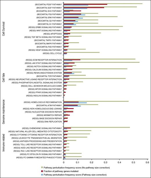 Figure 5. Gene-set enrichment analysis identifies key pathways. Highly perturbed pathways from the KEGG and BIOCARTA repositories were grouped according to related functions. The proportion of tumors showing perturbations in a given pathway is shown in green. Proportion of genes in each pathway with a perturbation across all affected tumors is shown in red bar. Pathway perturbation frequency score (blue bar) shows how often a pathway is perturbed but taken in consideration of the pathway size.