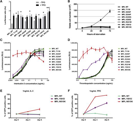 Figure 3. Functional analysis of MPL mutants. (A) STAT-dependent transcriptional activity induced by wild-type MPL or mutants of MPL. γ2A cells which are JAK2-deficient were transiently transfected with wild-type MPL (or mutants), JAK2, STAT5, and with Firefly STAT5 luciferase reporter spi-Luc and pRL-TK vector coding for Renilla luciferase. Luminescence was measured 48 hours after transfection. After transfection, medium was changed after 5 hours and replaced either with culture medium or medium supplemented with TPO (10 ng/mL). Shown are average units + SEM of 1 representative experiment performed in triplicate out of 3. **P < .001; *P < .05. (B) Number of viable Ba/F3 cells expressing wild-type MPL or different MPL mutants, in the absence of IL-3, was measured every 24 hours for 72 hours. The data are shown as the average of 2 biological replicates performed each in triplicate ± SEM. (C-D) The viability of Ba/F3 cells expressing wild-type MPL or different mutants was assessed after 72 hours in the presence of increasing concentrations of IL-3 (C) and TPO (D). Error bars represent SEM. (E-F) Ba/F3 cells expressing wild-type MPL (MPL wt-puro) but not GFP were mixed with Ba/F3 cells expressing either wild-type MPL (MPL wt-GFP), MPL Y591D (MPL Y591D-GFP), or MPL W515K (MPL W515K-GFP) and GFP in a 4:1 ratio and cultured in the presence of 1 ng/mL IL-3 (E) or 1 ng/mL TPO (F). The GFP positivity of the mixed culture was assessed every 72 hours by flow cytometric analysis. The experiment was performed in triplicate, with error bars representing SEM. SEM, standard error of the mean.