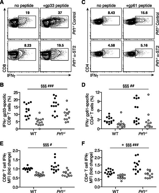 Figure 6. The frequency and IFNγ production capacity of IFNγ+ LCMV-specific T cells are reduced in FHL2 mice receiving ST2 blockade. WT and Prf1−/− mice were infected with LCMV, treated with either α-ST2 antibodies (open circles) or control antibodies (closed circles), and assessed on day 8 p.i. (n = 12-13 mice per group, data pooled from 3 independent experiments). Analyzed by linear mixed-effects model to account for baseline variability between experimental replicates: treatment and genotype were modeled as fixed effects, and experiment was treated as a random effect. The number symbol indicates significance of genotype (WT vs Prf1−/−); the paragraph symbol indicates treatment (control vs α-ST2); and the asterisk indicates interaction between genotype and treatment. Representative flow plots gated on live CD90.2+CD8+ T cells (A) or CD90.2+CD4+ T cells (C), showing intracellular IFNγ expression in response to in vitro gp33 (A) or gp61 (C) peptide stimulation. Summary data showing frequencies of IFNγ+ LCMV-specific CD8+ T cells (B) and CD4+ T cells (D). Summary data showing median IFNγ fluorescence intensity (MFI) of CD8+ T cells (E) and CD4+ T cells (F) producing IFNγ in response to restimulation with LCMV peptides. MFI is normalized to WT control mean for each experiment. §§§P < .001; ###P < .001; ##P < .01; #P < .05; *P < .05.