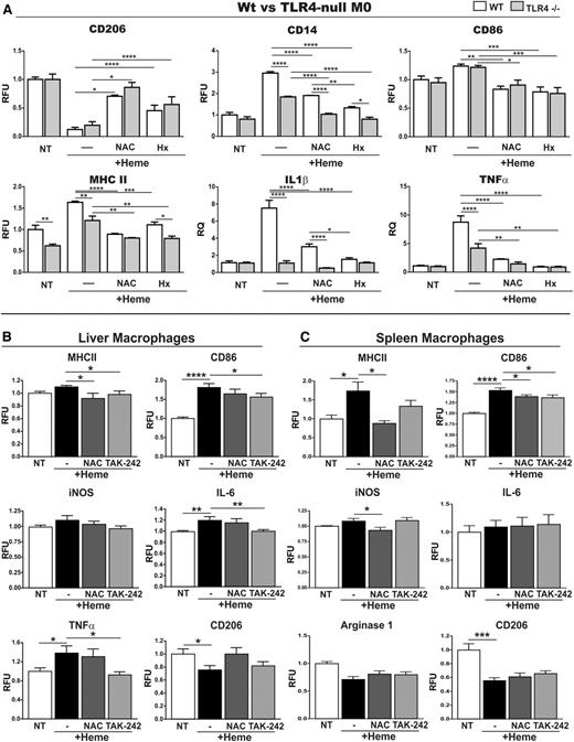 Figure 5. TLR4 signaling and ROS production contribute to heme-induced M1 proinflammatory phenotypic switching of macrophages. (A) M0 BMDMs were prepared from wild-type and TLR4-null mice and left untreated (NT) or exposed to 5 μM heme-BSA (+Heme; heme-BSA 1:1 ratio) with or without 2 mM NAC or to 5 μM heme-Hx (Hx; heme-Hx 1:1 ratio) for 12 hours. M1 and M2 markers are shown in the left and right column of each panel, respectively. The expression of CD206, CD14, CD86, and MHCII was analyzed by flow cytometry and expressed in RFU as fold change to untreated cells (NT). mRNA levels of TNFα and IL-1β were analyzed by qRT-PCR and expressed in RQ, as fold change to untreated cells (NT). Results shown are representative of 3 independent experiments. (B-C) Analysis of the M1 markers MHCII, CD86, iNOS, IL-6, and TNFα and the M2 markers Arginase-1 and CD206 in macrophages isolated from (B) liver or (C) spleen of wild-type mice untreated (NT) or treated with heme (heme-BSA 30 μmol/kg; 15 hours) with or without TAK-242 (2 mg/kg) or NAC (500 mg/kg) (n = 8). The expression of polarization markers in hepatic and splenic macrophages was analyzed by flow cytometry and is expressed in RFU as fold change compared with untreated wild-type mice (NT). Values represent mean ± SEM. *P < .05; **P < .01; ***P < .001; ****P < .0001.