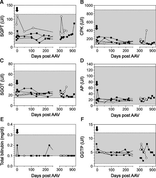 Figure 3. Serum chemistries in FVII-G96E dogs expressing cFVII. Serum glutamyl pyruvic transaminase (SGPT) (A), serum creatine phosphokinase (CPK) (B), serum glutamyl oxaloacetic transaminase (SGOT) (C), alkaline phosphatase (AP) (D), total bilirubin (E), and γ glutamyl transpeptidase (GGTP) (F) levels were monitored throughout the study, before and after AAV administration (black arrow, day 0). A shaded box indicates the normal range of values for each marker. The following symbols are used for the FVII-G96E dogs: closed squares (N24, 4.95E13 vg/kg), open circles (N22, 2E12 vg/kg), closed circles (N25, 6E11 vg/kg), and closed rhombi (Otis, 2E11 vg/kg).