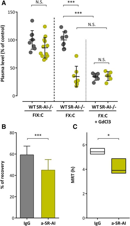 Figure 6. SR-AI and FX levels in vivo. (A) Citrated plasma was collected from wt or SR-AI–deficient C57BL/6 mice prior or 24 hours after GdCl3 injection (50 mg/kg). FIX and FX activity were measured (A) and results are expressed in percentage of the normalized mean of wt values. (B-C) C57Bl/6 wt mice were injected in the caudal vein with FX (10 μg per mouse) in the presence of control IgG or polyclonal anti–mSR-AI antibodies (50 μg per mouse; 20 mouse per group). Plasma was collected at various time points (5 minutes, 1 hour, 3 hours, 6 hours, and 24 hours; 4-5 mice per group; 2-3 collections per mouse) and residual FX antigen was measured. Data were fitted to a biexponential decay equation to calculate pharmacokinetic parameters. Shown are the recovery at 5 minutes (B) and MRT (C) for each group. (A-B) Data represent the mean ± SD. (C) Boxes represent mean ± range of the calculated MRT, with the range being obtained from curves plotted with the minimum and maximum SD of residual FX levels. ***P < .001, respectively, in the Mann-Whitney nonparametric unpaired statistical test.