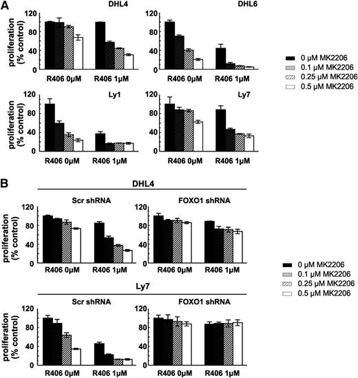 Figure 5. FOXO1 is essential for R406 and the MK2206 synergistic effect in tonic BCR signal-dependent DLBCL cells. (A) Cellular proliferation was assessed in DLBCL cell lines following 72-hour incubation with indicated concentrations of R406 and MK2206 by MTS. (B) DHL4 and Ly7 cells transduced with indicated shRNA vectors were treated and analyzed as described above. For further information please refer to supplemental Tables 9 and 10.