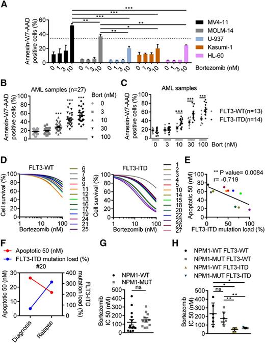 Figure 1. Antileukemic activity of bortezomib is linked to FLT3-ITD expression. (A) FLT3-ITD AML cell lines are more sensitive than FLT3-WT to bortezomib (Bort)-induced cell death. Apoptosis was evaluated by treating MV4-11, MOLM-14, U-937, HL-60, or Kasumi-1 AML cell lines 24 hours with bortezomib at 1, 3, or 10 nM before Annexin-V/7-AAD staining and flow cytometry analysis. (B-C) Bortezomib targets preferentially FLT3-ITD primary AML samples. Frozen primary AML samples were thawed and treated with bortezomib at 3, 10, 30, or 100 nM for 24 hours. Bortezomib-induced apoptosis was evaluated by labeling cells with Annexin-V/7-AAD via fluorescence-activated cell sorter (FACS) analysis. (D) Viability was assessed by Annexin-V/7-AAD via FACS analysis, and IC50 values were calculated using GraphPad Prism software. (E) Correlation between bortezomib sensitivity and FLT3-ITD mutation load estimated by the level of FLT3-ITD to FLT3 wild-type (WT) allele ratio. (F) Bortezomib activity and FLT3-ITD mutational load in a patient sample assessed at diagnosis and relapse. (G-H). Antileukemic activity of bortezomib, according to NPM1 mutational status. *P < .05; **P < .01; ***P < .001.