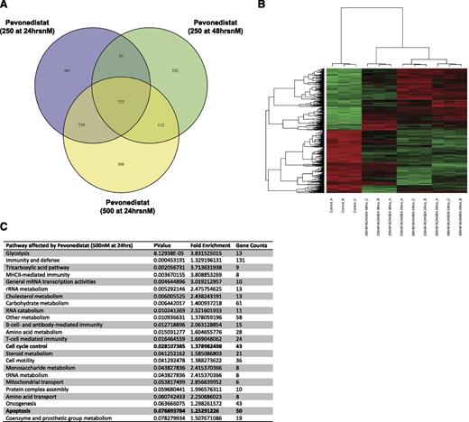 Figure 2. Gene expression changes of key regulatory pathways in MCL (Granta cells) exposed to pevonedistat. (A) Granta cells were exposed to pevonedistat for 24 hours (250 and 500 nM) or 48 hours (250 nM) and then placed on Illumina HumanHT-12v4 whole-genome expression microarray. A total of 737 genes were found to be differentially expressed in all conditions tested. (B) Hierarchical clustering of expression profiles of the 737 genes differentially expressed in all the cell line exposed to pevonedistat. In the clustering heat map, red indicates upregulation, whereas green indicates downregulation. (C) List of the cellular pathways of genes affected by pevonedistat exposure (500 nM for 24 hours shown).